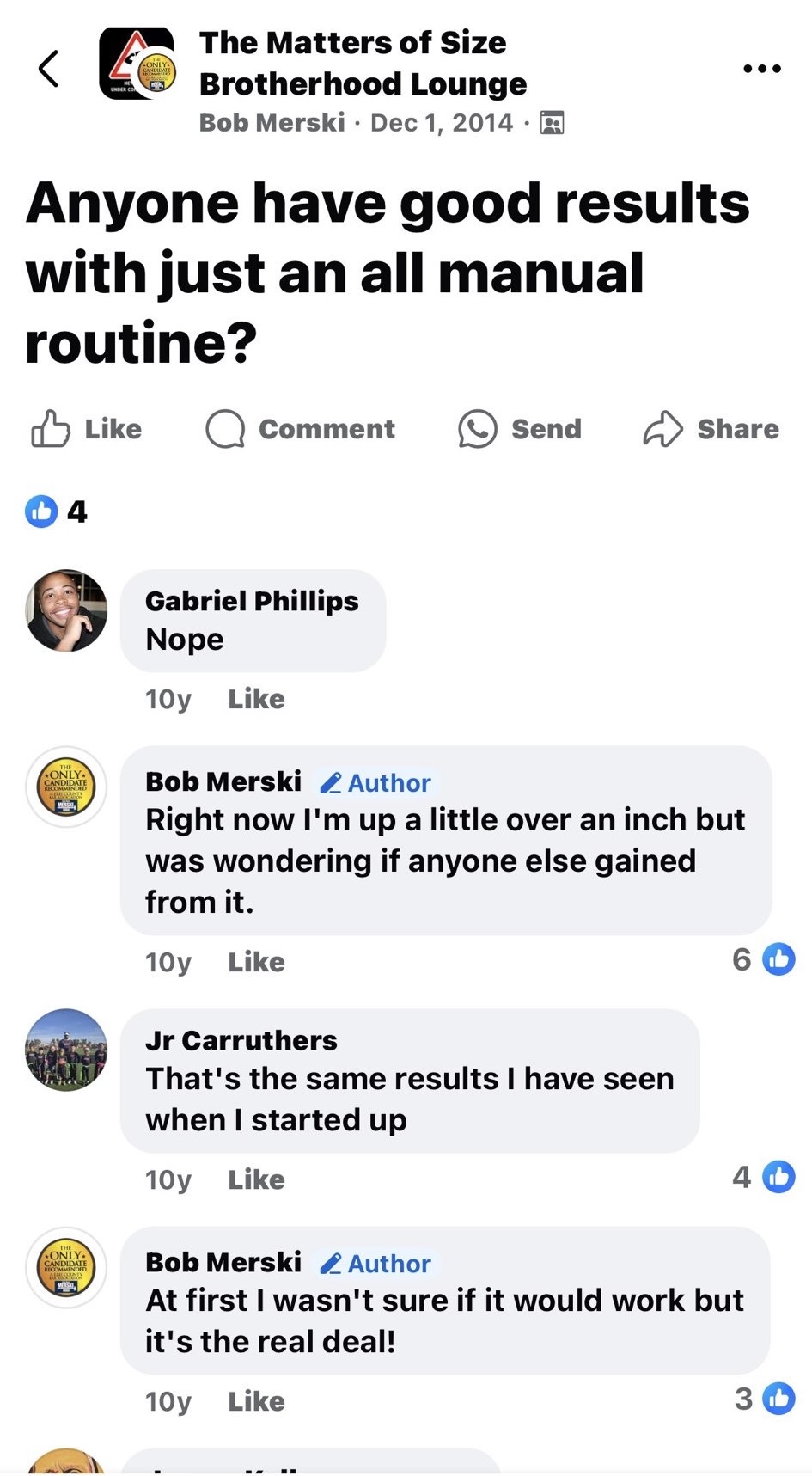 In a 2014 Facebook post, Bob Merski asks others if they strictly use a "manual" penis enlargement routine